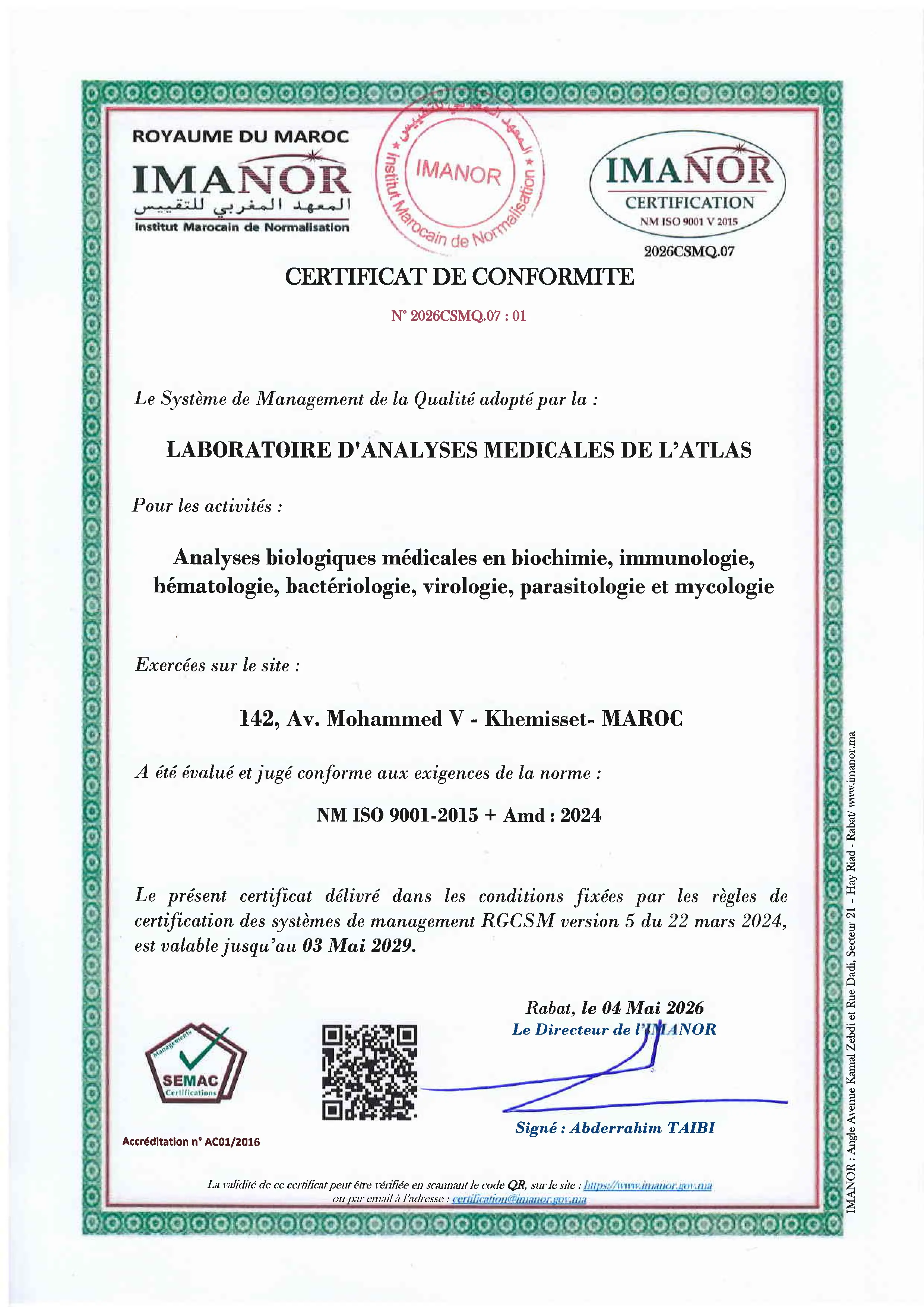 Certificat de conformité IMANOR